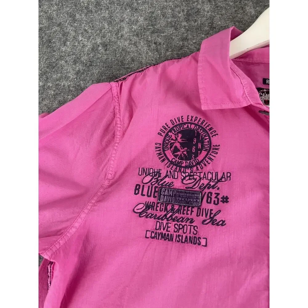 Camp David Shirt Mens Medium Pink Button Up Embroidered Short Sleeve Cotton N30